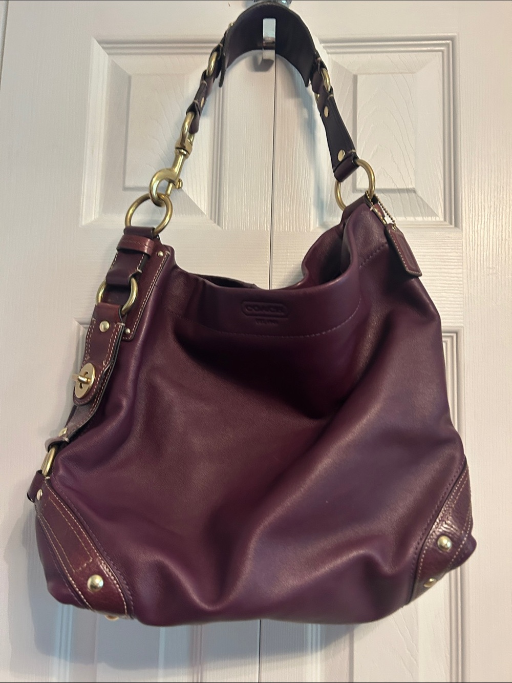 Coach Leather Shoulder Hobo in Plum with Brass Hardware